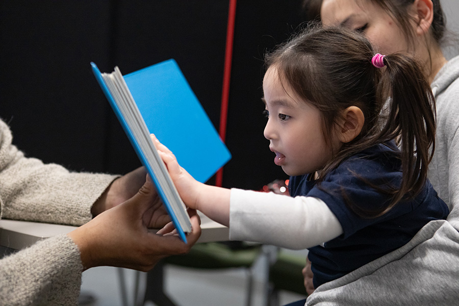 Young girl in pigtails reading a braille book.