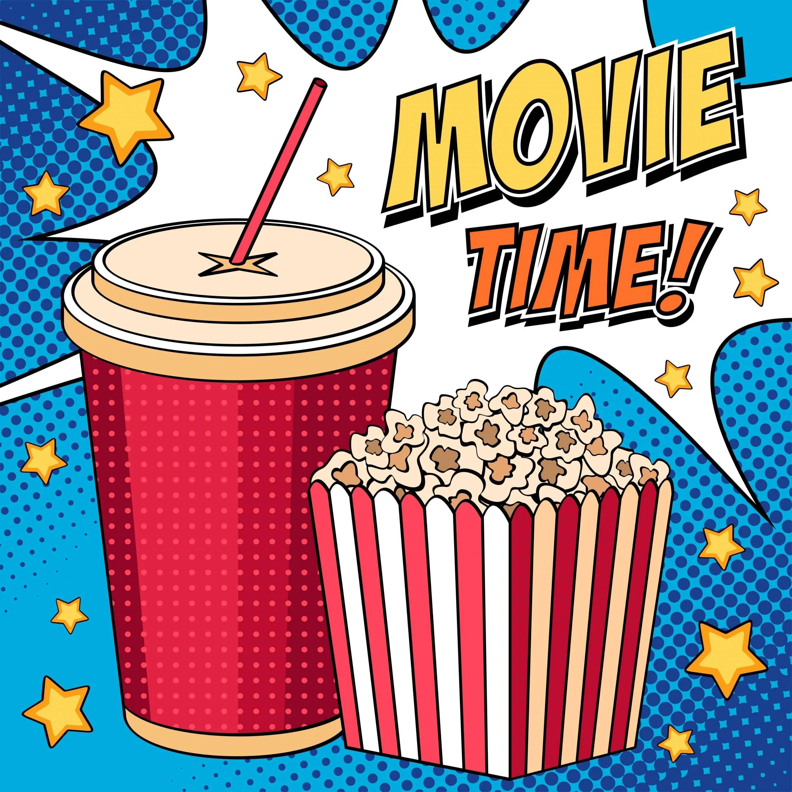 Festive, comic-like starry background graphic with the words movie time featuring a soda cup with straw and a red and white striped box of popcorn.