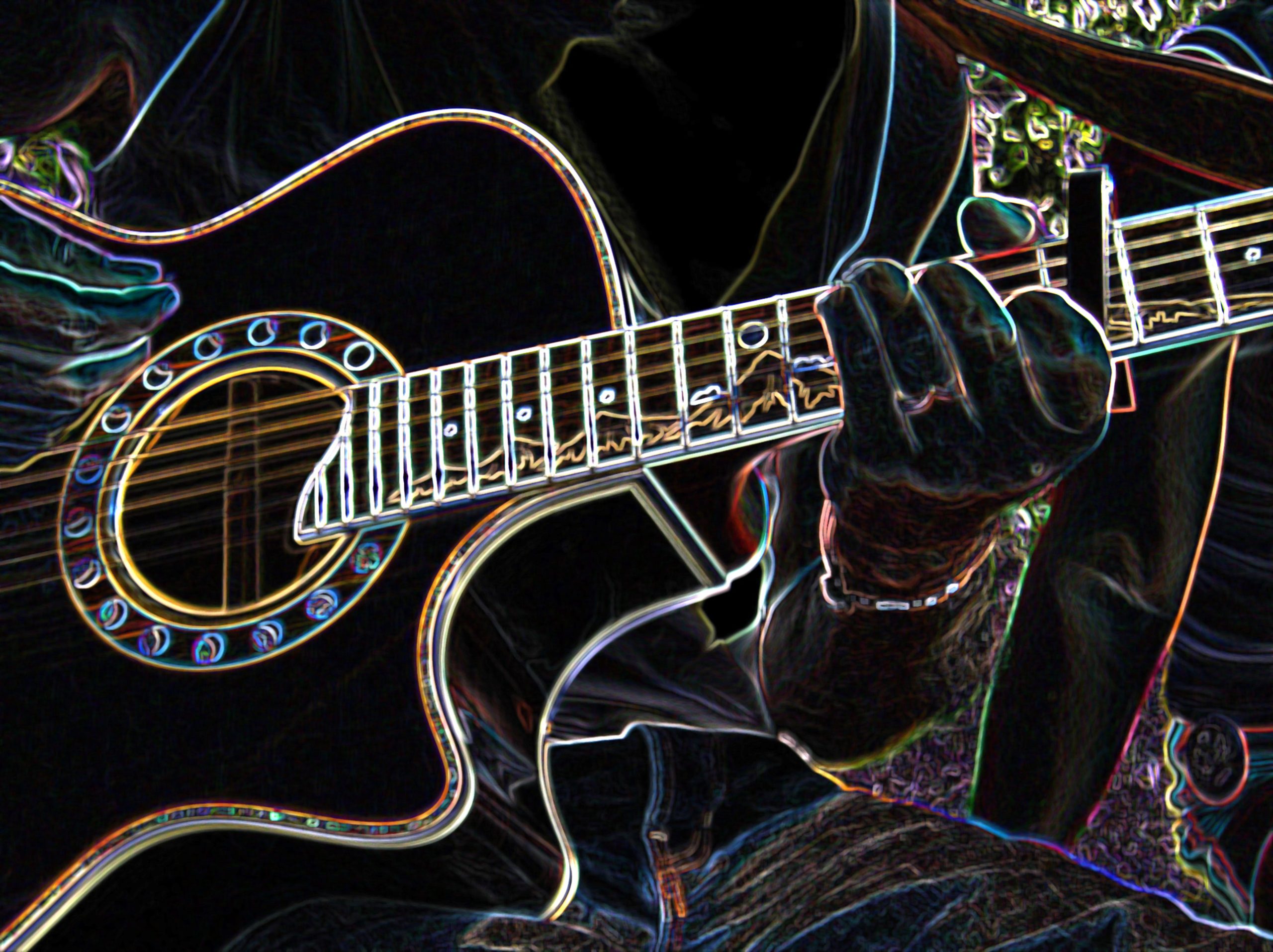 Reversed out psychedelic-colored outline of a person's hand on the fret of a guitar.